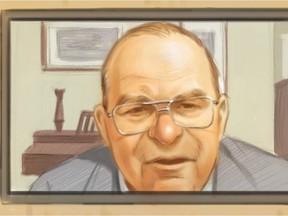 Gerald Donahue is shown in an artist's sketch as he testifies via video at the Mike Duffy trial in Ottawa, Thursday, Nov.19, 2015.