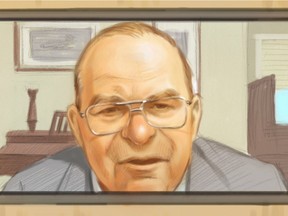 Gerald Donohue is shown in an artist's sketch as he testifies via video at the Mike Duffy trial in Ottawa, Thursday, Nov.19, 2015.