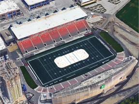 Google earth map with outdoor hockey rink superimposed on grounds of TD Place.