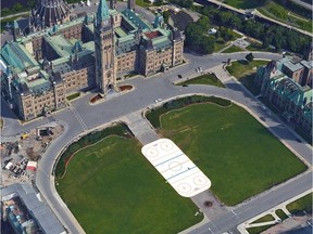 Google earth map with outdoor hockey rink superimposed on grounds of Parliament Hill.