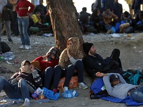 Migrants and refugees wait to cross the Greece-Macedonia border, near the village of Idomeni on November 19, 2015.