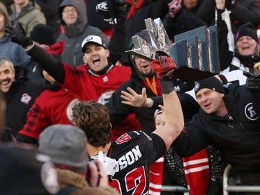 Greg Ellingson of the Ottawa Redblacks celebrates his team's win against the Hamilton Tiger-Cats after the East Conference finals at TD Place in Ottawa, November 22, 2015.