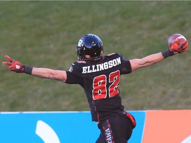 Greg Ellingson of the Ottawa Redblacks celebrates his winning touchdown against the Hamilton Tiger-Cats in the East Conference finals at TD Place in Ottawa, November 22, 2015.