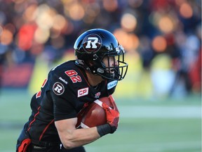 Greg Ellingson of the Ottawa Redblacks on his way to the winning touchdown against the Hamilton Tiger-Cats in the East Conference finals at TD Place in Ottawa, November 22, 2015.