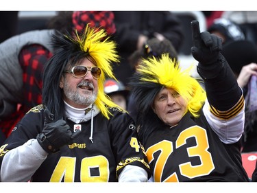 Hamilton Tiger-Cats fans look on ahead of the CFL East Final between the Hamilton Tiger-Cats and Ottawa RedBlacks in Ottawa on Sunday, Nov. 22, 2015.