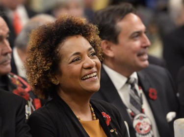 Former Canadian governor-general Michaelle Jean laughs at the swearing-in ceremony for Prime minister-designate Justin Trudeau in Ottawa on Wednesday, Nov. 4, 2015.