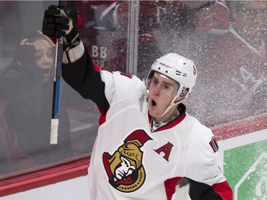 Ottawa Senators' Kyle Turris celebrates his game-winning goal against the Montreal Canadiens during overtime NHL hockey action, in Montreal, on Tuesday, Nov. 3, 2015. The Senators beat the Canadiens 2-1.