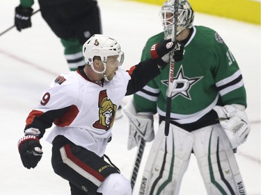 Ottawa Senators left wing Milan Michalek (9) celebrates scoring a goal against Dallas Stars goalie Antti Niemi (31) during the first period.