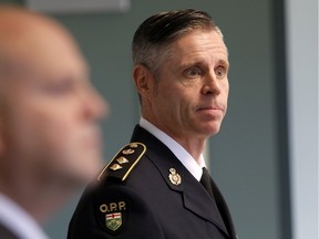 OPP East Region Commander Chief Supt. Daniel Redmond speaks to the media Tuesday in Prescott following the recent arrests of three Leeds officers recently.