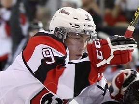 Ottawa 67's forward Austen Keating scored twice on the power play in a 6-0 win in Hamilton on Saturday, Nov. 14, 2015.