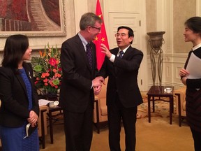Ottawa Mayor Jim Watson and Beijing Mayor Wang Anshun meet at Beijing City Hall to discuss business and tourism partnerships.