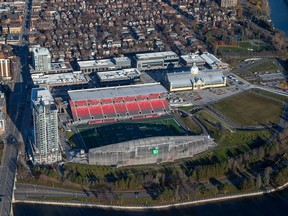 Aerial photo of TD Place Stadium and shops at Lansdowne Park with the Glebe at top and left.