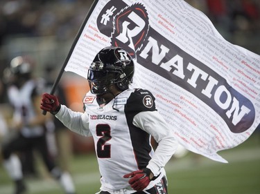 Ottawa Redblacks' Jovon Johnson runs onto the field during the 103rd Grey Cup against the Edmonton Eskimos in Winnipeg, Man. Sunday, Nov. 29, 2015.