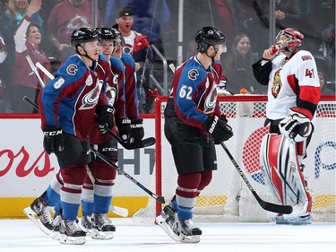 DENVER, CO - NOVEMBER 25:  Chris Wagner #62 of the Colorado Avalanche celebrates his first career NHL goal against goalie Craig Anderson #41 of the Ottawa Senators as the Senators held a 2-1 lead in the first period at Pepsi Center on November 25, 2015 in Denver, Colorado.