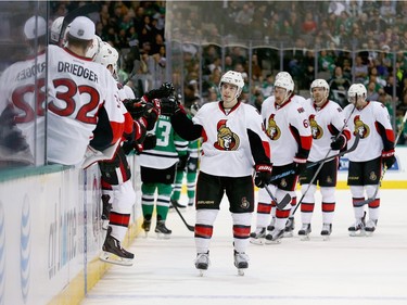 Bobby Ryan #6 of the Ottawa Senators celebrates after scoring a goal against the Dallas Stars in the first period at American Airlines Center on November 24, 2015 in Dallas, Texas.