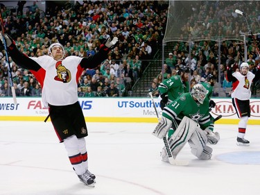 Mark Stone #61 of the Ottawa Senators celebrates after scoring a goal against Antti Niemi #31 of the Dallas Stars in the second period at American Airlines Center on November 24, 2015 in Dallas, Texas.