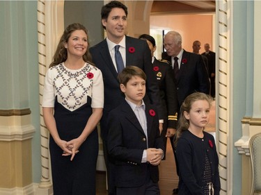 Prime Minister-designate Justin Trudeau, his wife Sophie Gregoire-Trudeau and their children Xavier and Ella-Grace arrive at Rideau Hall for a swearing-in ceremony in Ottawa on Wednesday, Nov. 4, 2015.