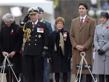 Royal Canadian Legion's Silver Cross mother Sheila Anderson, left to right, Governor General David Johnston, Sharon Johnston, Prime Minister Justin Trudeau and Sophie Gregoire-Trudeau take part in the Remembrance Day ceremony in Ottawa on Wednesday, Nov. 11, 2015.