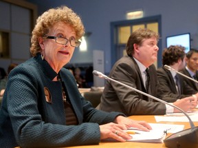 Sally Southey (left, beside city staff), a resident of the Sandy Hill area, was not happy with the Upper Rideau Community Design Plan (UPCDP) at city hall's planning committee meeting Tuesday.  She says the exemption at 560 Rideau Street, to make way for a high rise tower, is wrong. The development is being appealed to the OMB. (Julie Oliver / Ottawa Citizen)