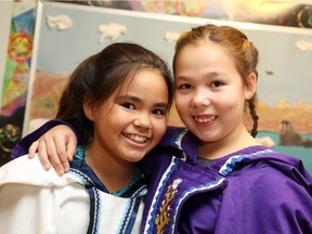 Samantha Metcalfe, left, and Cailyn Degrandpre, Inuit throat singers, performed at Wednesday's swearing-in ceremony of Justin Trudeau and his cabinet.