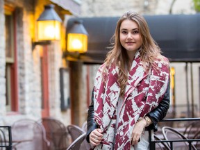 Krista Norris’ stylish scarves, including the Maverick, $138, that she is wearing, can be found in 30 stores across North America. The 25-year-old is also pondering branching out into jewelry.