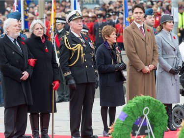 Silver Cross Mother Sheila Anderson and her husband James Anderson, GG David Johnston and Sharon Johnston, Prime Minister Justin Trudeau and his wife Sophie  Grégoire-Trudeau attend the proceedings as the National Remembrance Day Ceremony takes place at the National War Memorial in Ottawa.
