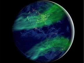 Artist conception of  northern and southern lights having moved farther from the poles in years to come.