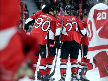 The Sens celebrate Mike Hoffman's first-period goal, making it 2-1 for Detroit at the end of first period action between the Ottawa Senators and Detroit  Red Wings Monday (Nov 16, 2015) at Canadian Tire Centre.