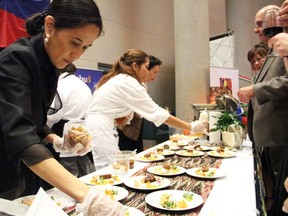 The team at the Embassy of the Republic of the Philippines was kept hopping as hungry guests lined up during the Embassy Chef Challenge held Thursday, November 5, 2015, at the John G. Diefenbaker Building on Sussex Drive, to raise funds for IBD care at CHEO.