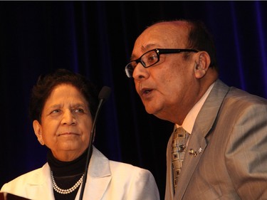 Uttra Bhargava on stage with her husband, Subhas (Sam) Bhargava as the Ottawa couple accepted the award for Outstanding Individual Philanthropist at the 21st Annual AFP Ottawa Philanthropy Awards, held at the Shaw Centre on Thursday, November 19, 2015.