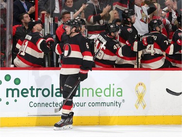 Bobby Ryan #6 of the Ottawa Senators celebrates his first period power-play goal against the Vancouver Canucks.