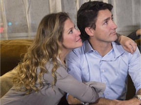 Sophie Grégoire Trudeau watches the 2015 election results with husband Justin in Montreal on Oct. 19, 2015.