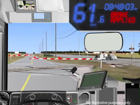 The speed of the bus just before the driver applied the brakes is shown this image from the Transportation Safety Board’s animated sequence of events leading up to the Sept. 2013 collision of an OC Transpo bus and a Via passenger train.