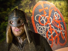 Actor Simon Benoit in period costume for the media preview of Vikings, at the Canadian Museum of History. Note the lack of horns on the helmet.