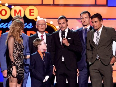 LAS VEGAS, NV - JUNE 24:  Erik Karlsson of the Ottawa Senators speaks to Jonathan Pitre during the 2015 NHL Awards at MGM Grand Garden Arena on June 24, 2015 in Las Vegas, Nevada.