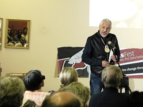 Algonquin community activist Albert 'South Wind' Dumont addresses a meeting to discuss the Zibi project on Saturday, Dec. 19.