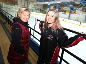 Astra Groskaufmanis and her daughter Emily Chisholm in the Richmond Arena. Astra has written Offside by a Mile, Confessions of a hockey mom.