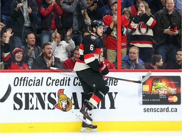 Bobby Ryan of the Ottawa Senators celebrates his goal against the Chicago Blackhawks during first period action.