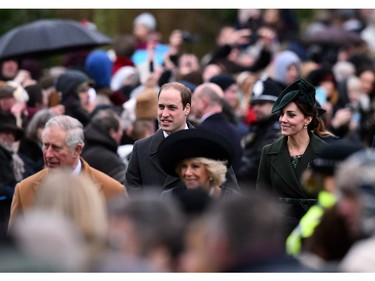 From left, Britain's Prince Charles, Prince of Wales, Britain's Prince William, Duke of Cambridge, Camilla, Duchess of Cornwall and Catherine, Duchess of Cambridge arrive for a traditional Christmas Day Church Service at Sandringham in eastern England, on December 25, 2015.