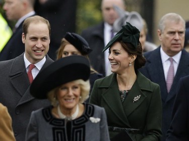 Britain's Prince William, centre left,  and Kate the Duchess of Cambridge arrive with family members to attend the traditional Christmas Day church service, at St. Mary Magdalene Church in Sandringham, England,  Friday, Dec. 25, 2015.