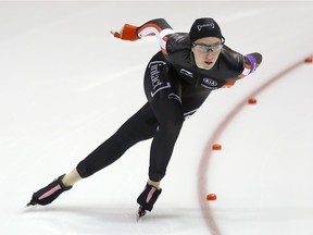 Ivanie Blondin, seen skating in Heerenveen, Netherlands, on Friday, Dec. 11, 2015, was happy with her third-place finish on Sunday.