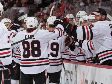 Patrick Kane #88 of the Chicago Blackhawks celebrates his second period power play goal against the Ottawa Senators, extending his point streak to 21 games.