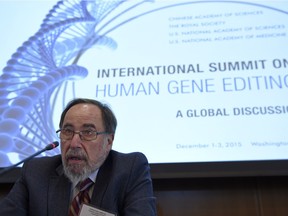 Nobel laureate David Baltimore of CalTech speaks to reporters at the National Academy of Sciences international summit on the safety and ethics of human gene editing, Tuesday, Dec. 1, 2015, in Washington. Alternating the promise of cures for intractable diseases with anxiety about designer babies and eugenics, hundreds of scientists and ethicists from around the world began debating the boundaries of a revolutionary technology to edit the human genetic code.