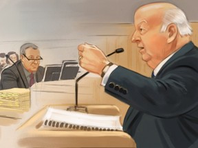 Sen. Mike Duffy, right, is depicted speaking on the stand in a courtoom illustration as Crown Jason Neubauer, left, and Mark Holmes look on.