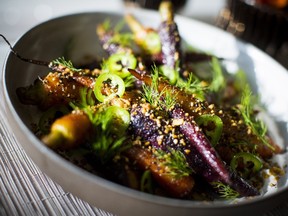 A sherry vinegar roasted heirloom carrots, jalapeños, sumac yogurt and dill dish is pictured at Hawksworth Restaurant in Vancouver, British Columbia on October 6, 2015.