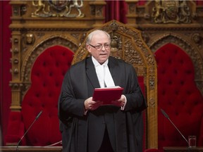 The new Senate Speaker, George Furey, is seen after being sworn in during a ceremony in the Senate chamber in Ottawa, Thursday.