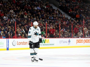 Joe Thornton of the San Jose Sharks during first period NHL action.