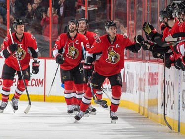 Kyle Turris celebrates his second period goal against the Los Angeles Kings.