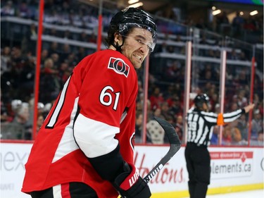 Mark Stone of the Ottawa Senators shows his frustration after being robbed by Jonathan Quick of the Los Angeles Kings during first period action.