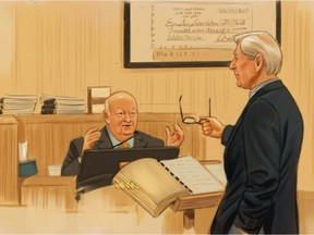 In this artist's sketch, Sen. Mike Duffy,  responds to defence lawyer Donald Bayne.